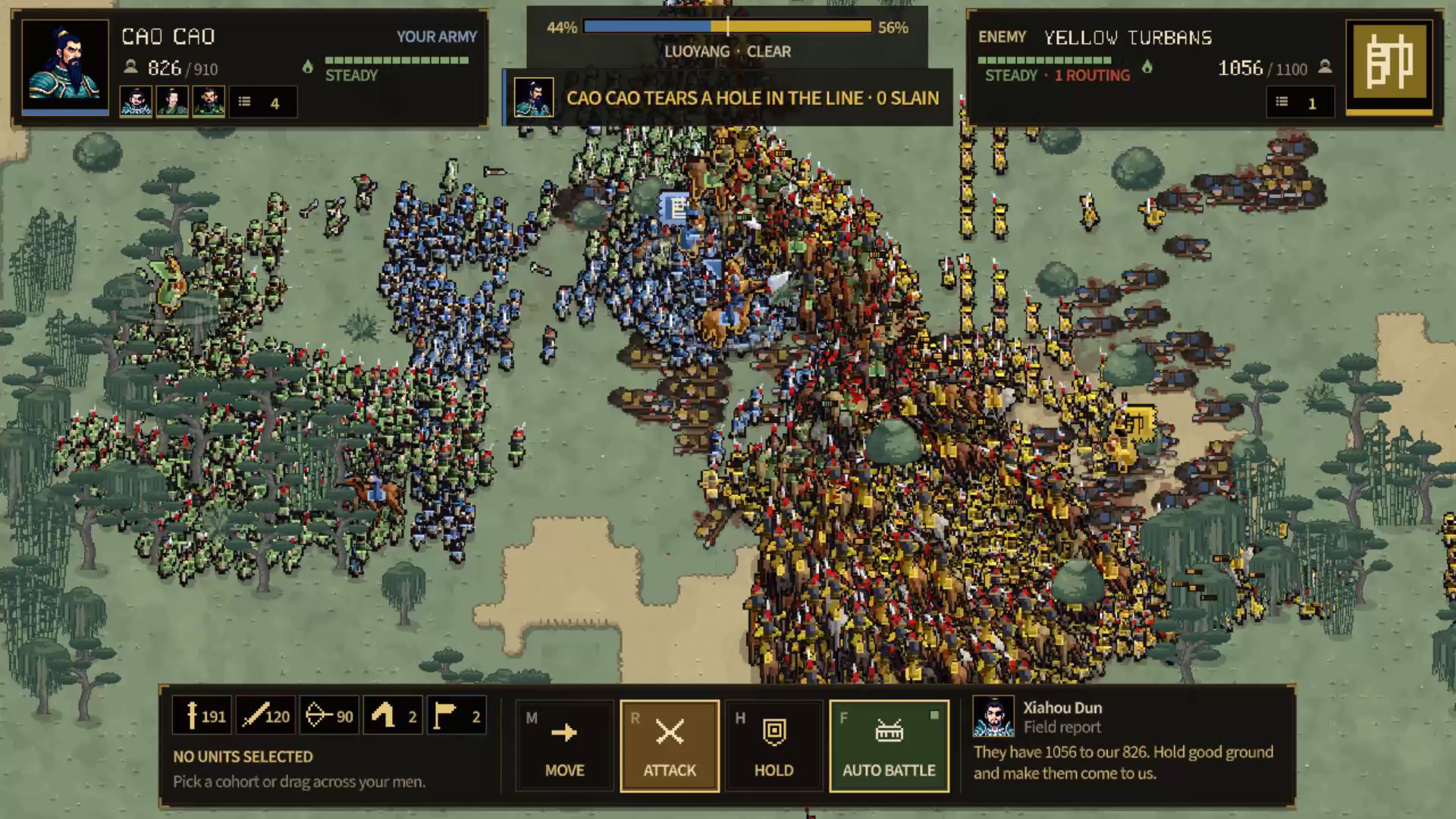 Cao Cao's army in blue and his ally Liu Bei's contingent in green fight the Yellow Turbans together
