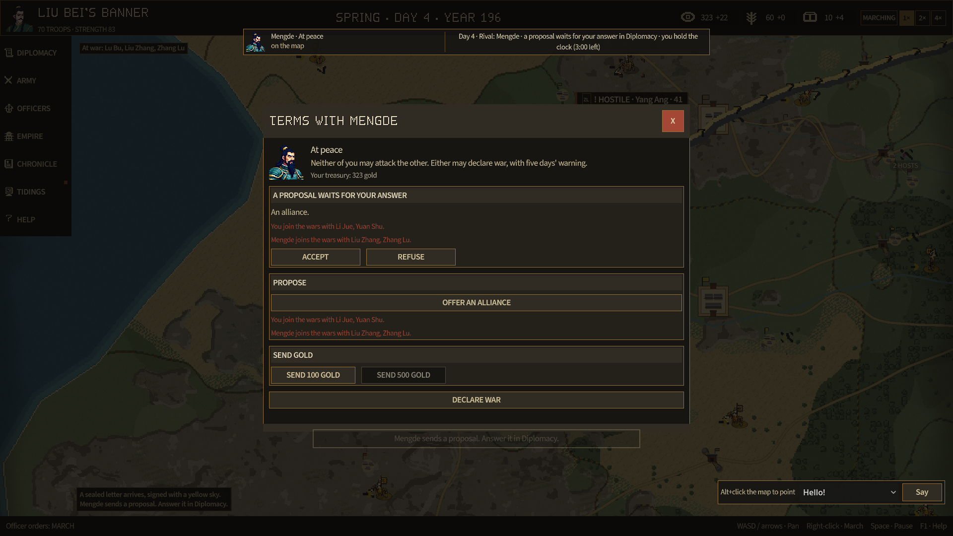 The TERMS page: an alliance proposal from the other player waits for an answer